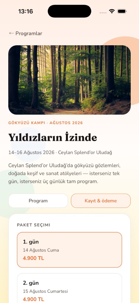 Kamp detay: paket seçimi ve kayıt ödeme